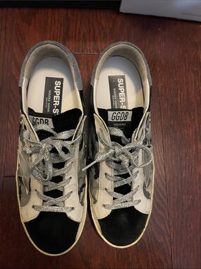 Golden Goose Super-Star Sneakers in Black, Silver and White